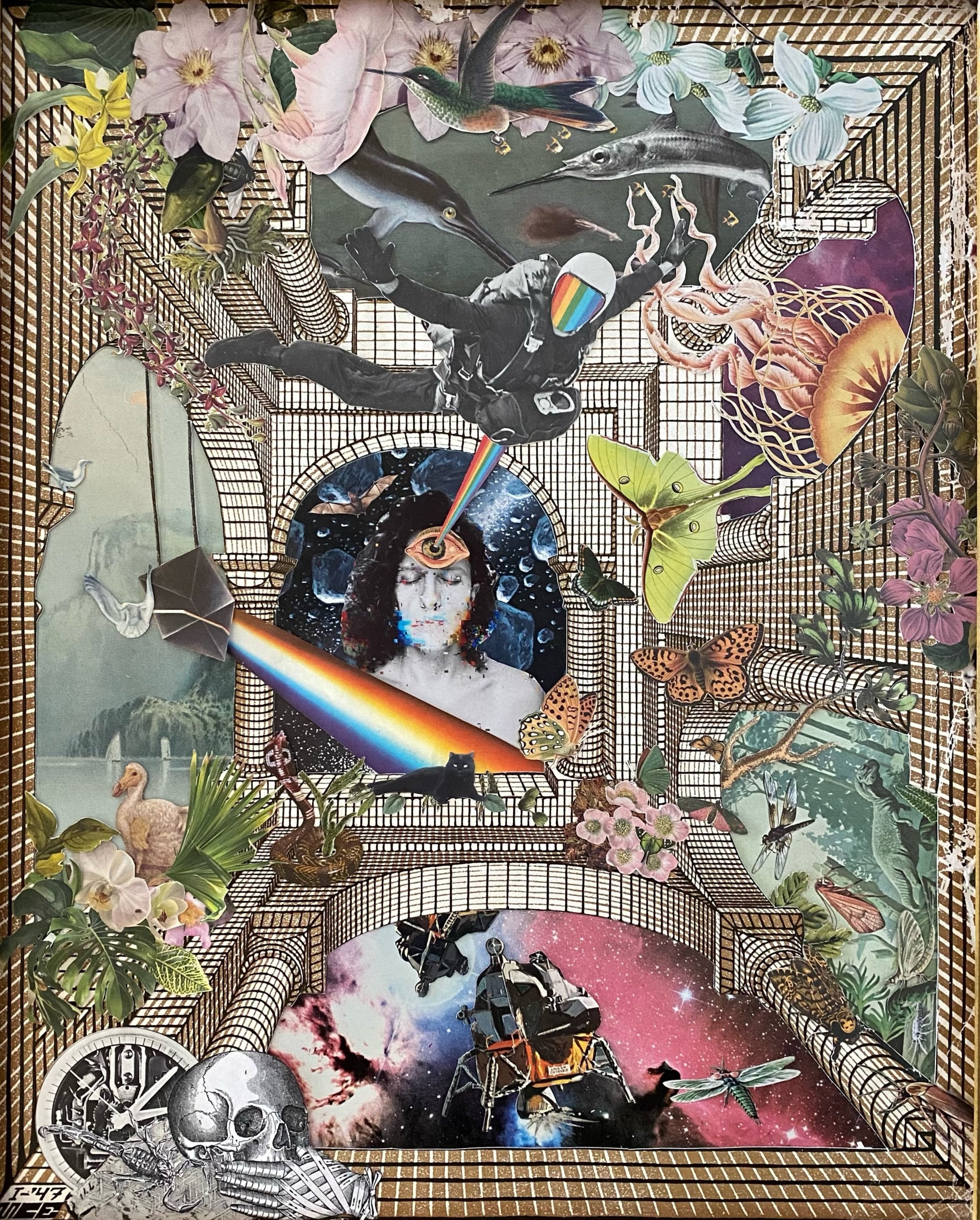 pixelated Nicci Disco self portrait surrounded by mc escher and natural elements