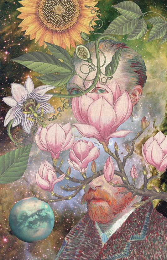 Portrait of Vincent van Gogh derived from his 1887 self portrait with added elements of space, lotus flowers, passion fruit, and sunflower