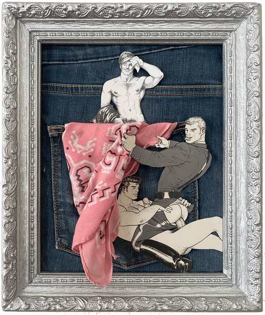 3D collage using Tom of Finland, jeans, and a pink hanky (right pocket)