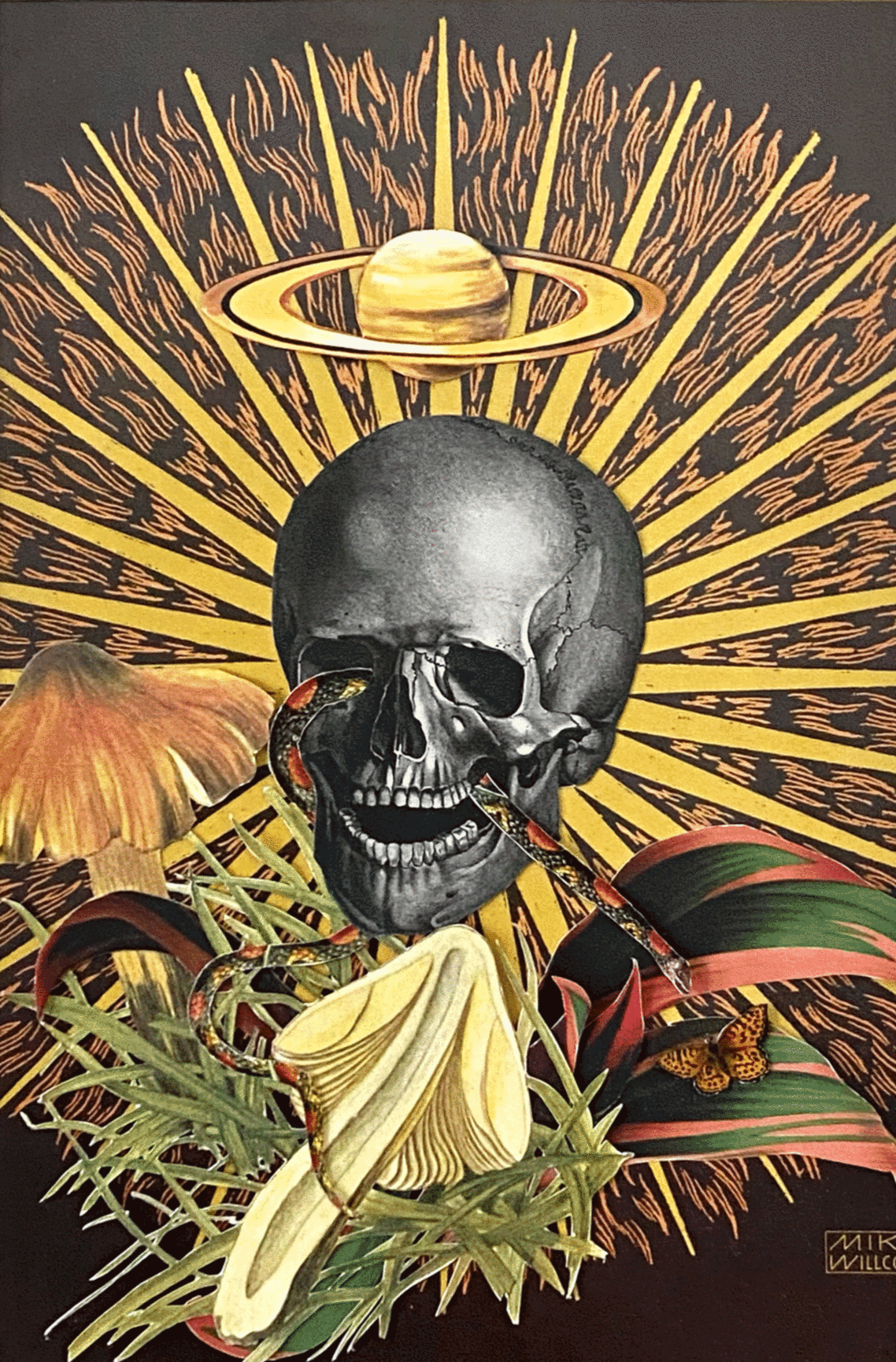 Skull surrounded by foliage and mushrooms with Saturn looming overhead and brown and gold sunrays in the background. Gold matte and gold frame