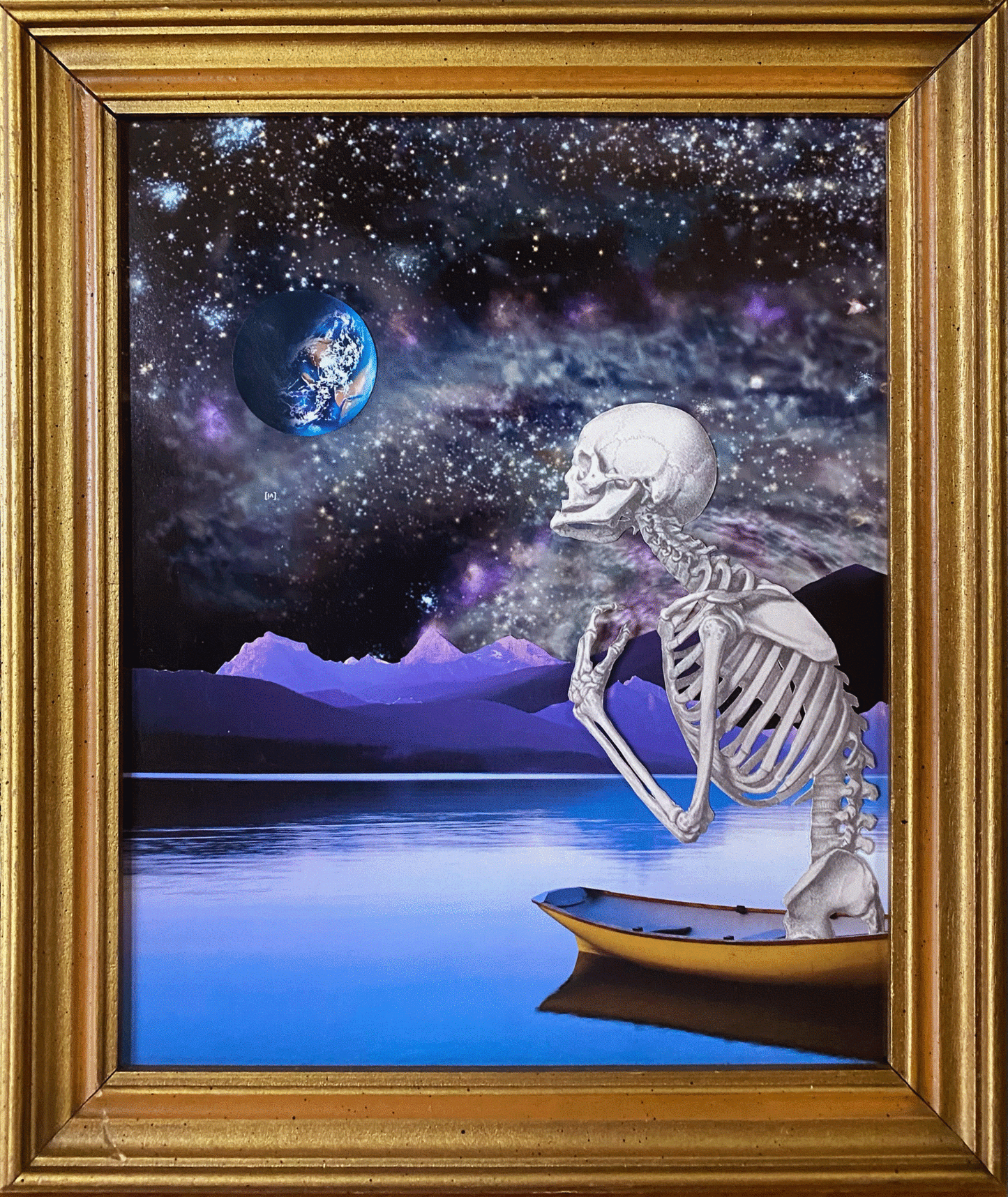 a skeleton in a boat under a night sky, gazing longingly at earth 