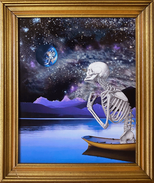 a skeleton in a boat under a night sky, gazing longingly at earth 