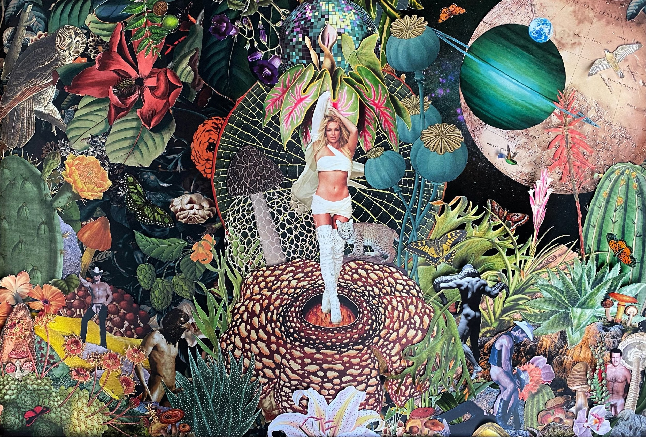 a psychedellic garden in space with Britney Spears in the middle and men in the foliage